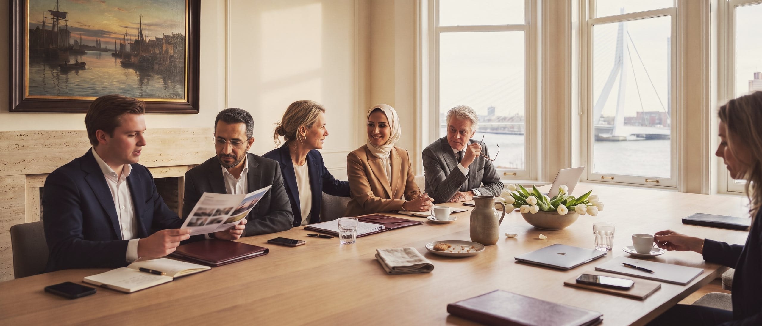 Six people from the Netherlands and the Arab world in a meeting at a long oak table, with the river and the Erasmus Bridge beyond the windows.