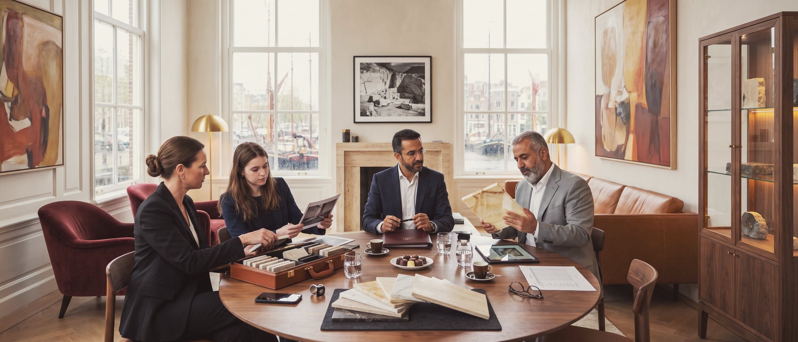A stone producer shows a polished marble sample to a distributor, while an adviser from the club follows the conversation.