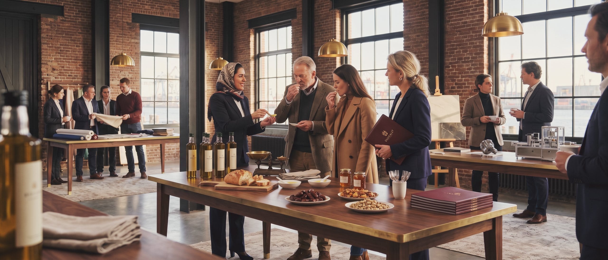 At a product showcase, a producer offers olive oil to taste to two buyers, while a woman from the club makes the introduction.