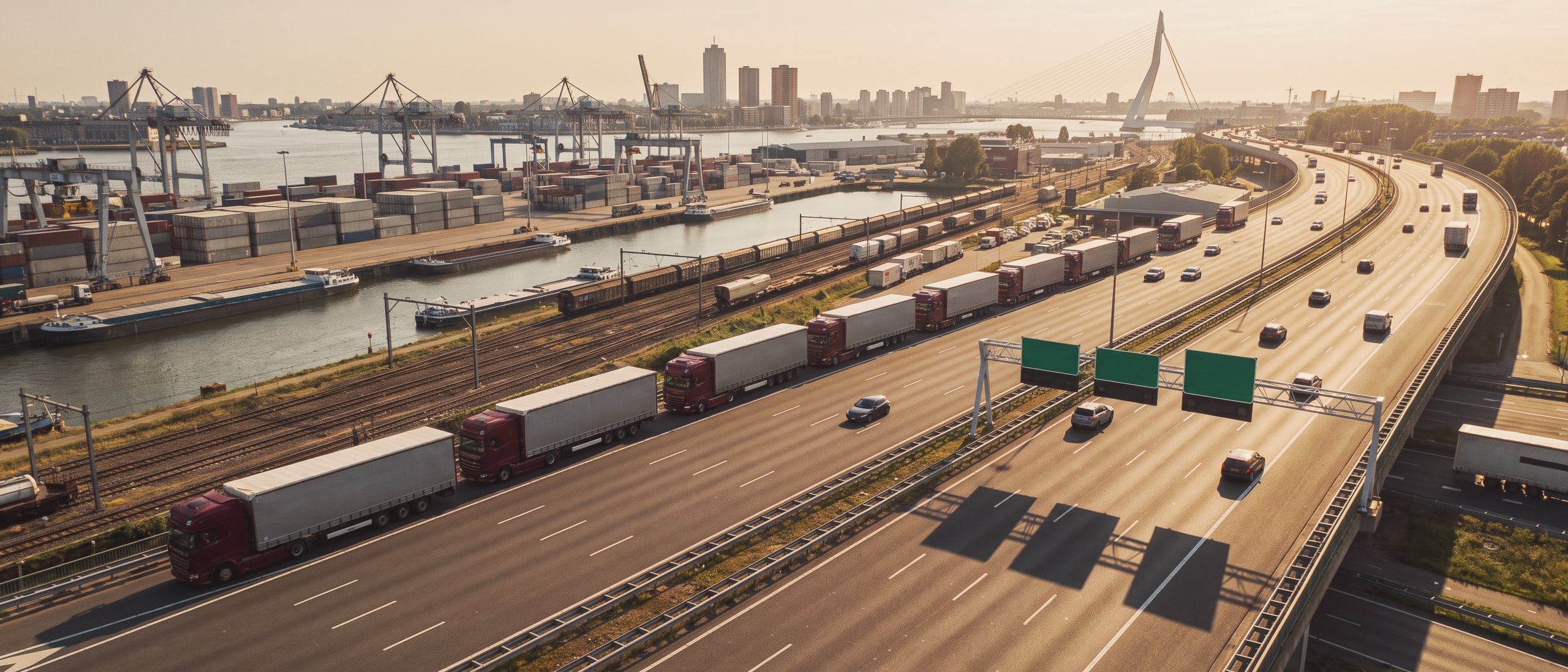 A fleet of identical trucks drives in convoy along one route through the port, with the city and the Erasmus Bridge in the distance.