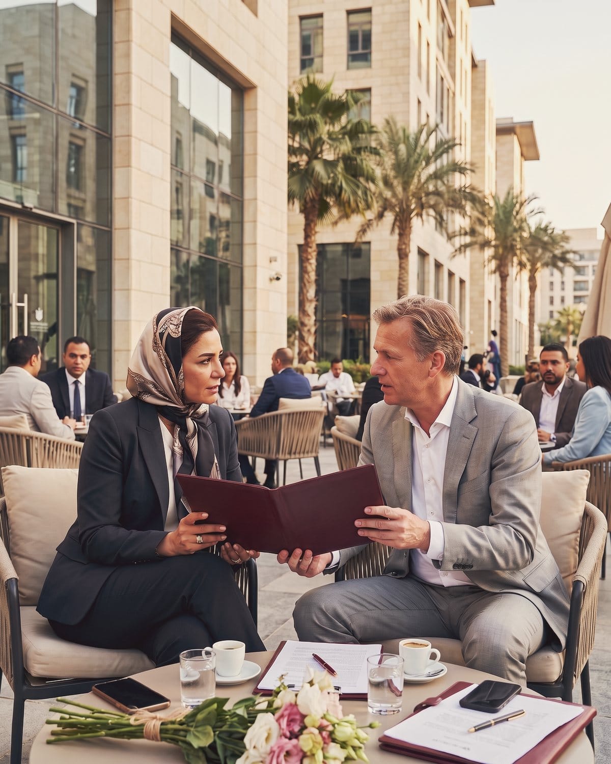 The club's ambassador in Cairo goes through a folder with a Dutch member on a café terrace.