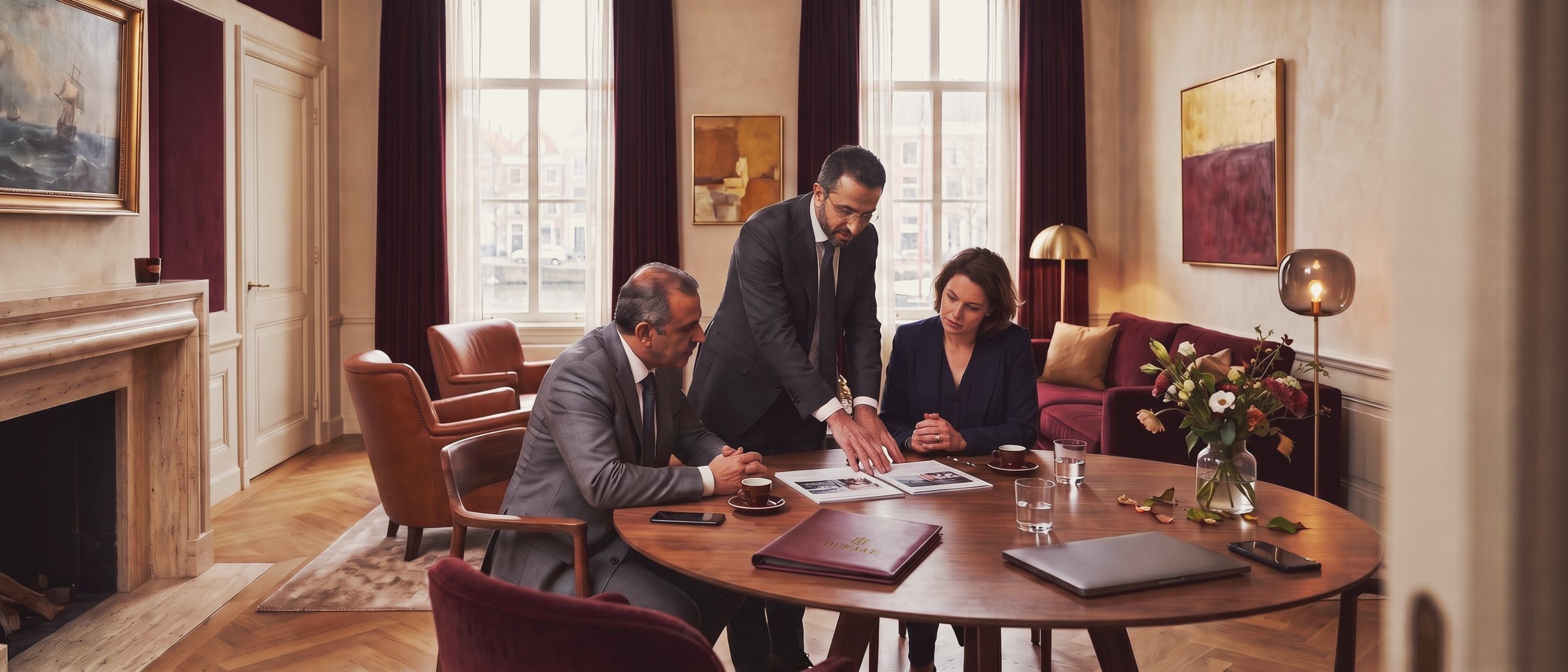 مستشار يضع ملفين مطبوعين لشركتين جنبًا إلى جنب أمام رائدَي أعمال حول طاولة مستديرة.