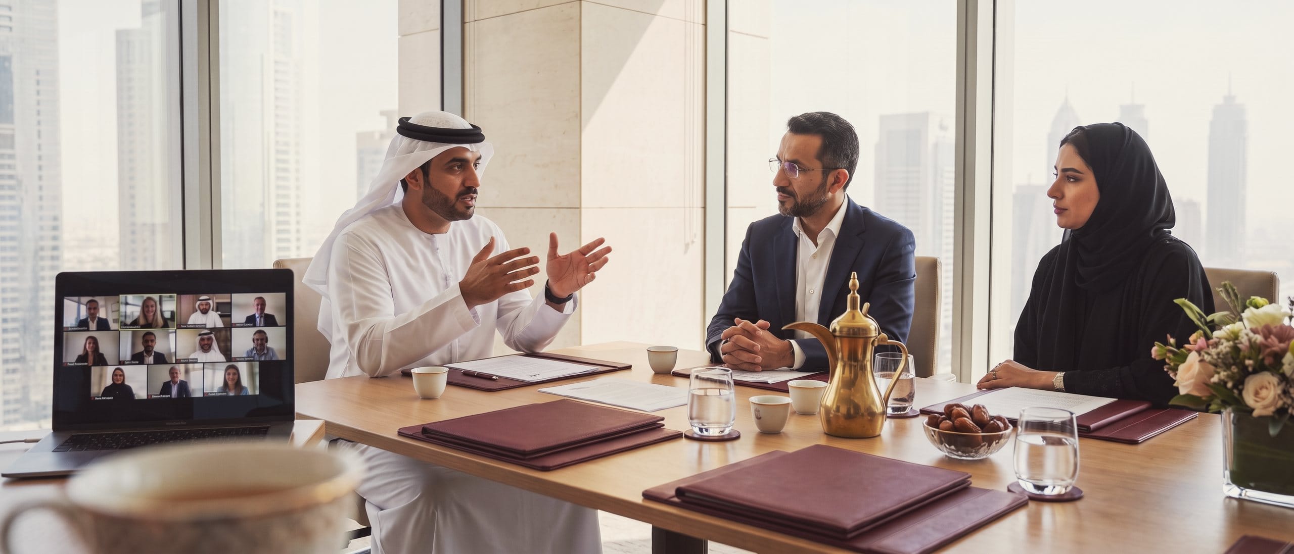 An adviser represents a Dutch company at a meeting with two local partners in a Gulf city, while the company joins by video.