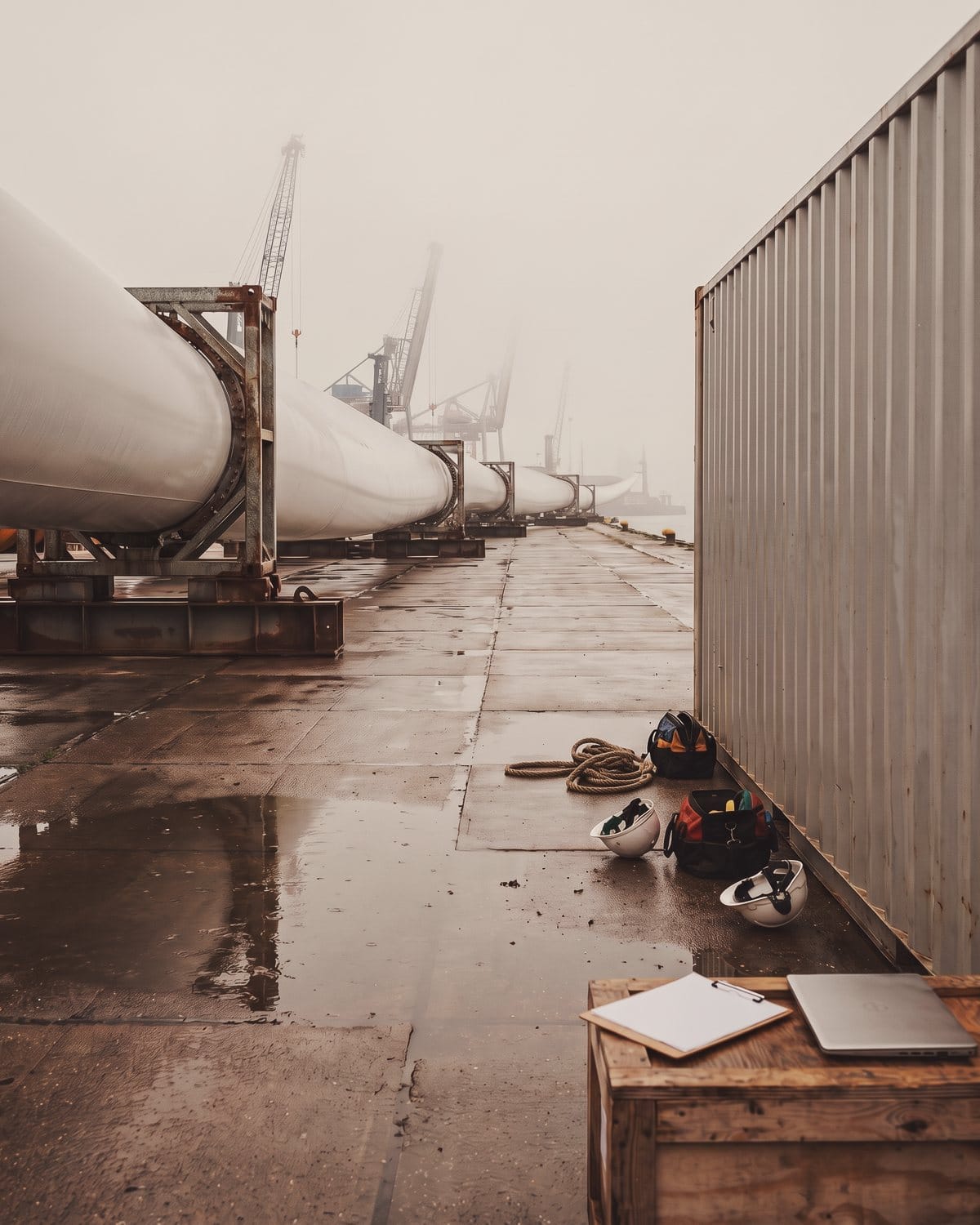 Wind turbine blades lie on steel cradles along a misty quay in a North Sea port.