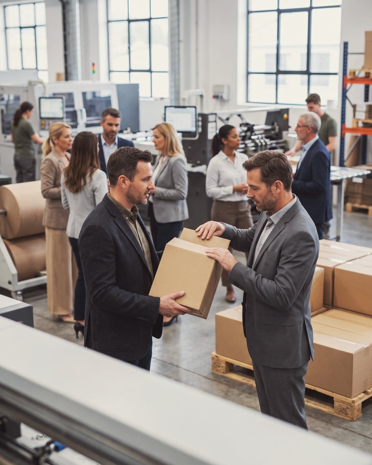 A packaging maker hands a sample carton to a buyer in a packaging plant.