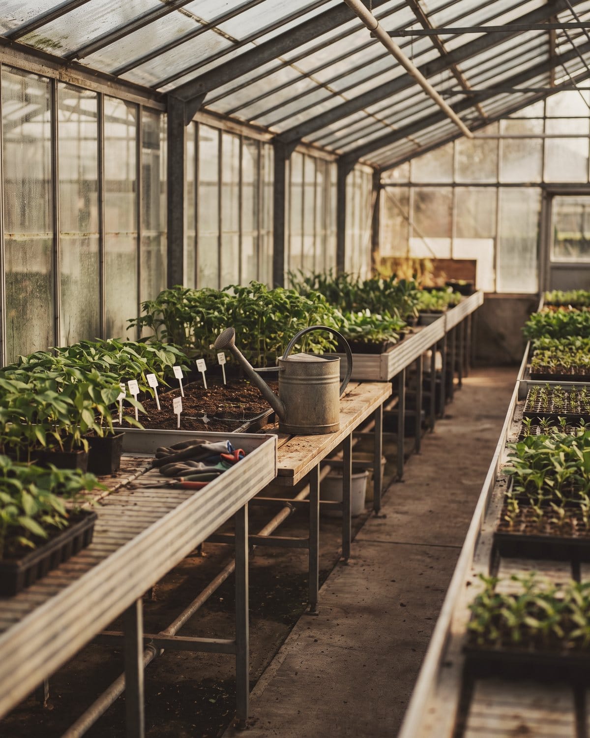Trial benches of young plants in a Dutch seed-breeding greenhouse.