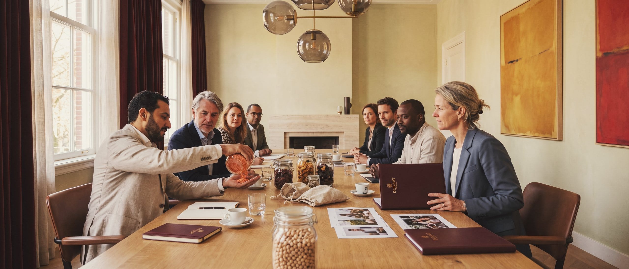 A meeting of the food and agriculture network around a long table with product samples and printed sheets.