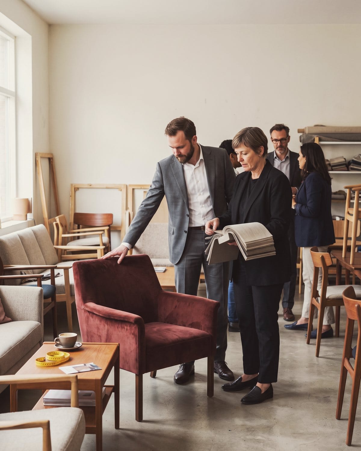 A buyer feels the velvet of an armchair while the furniture maker shows him a book of fabric swatches.