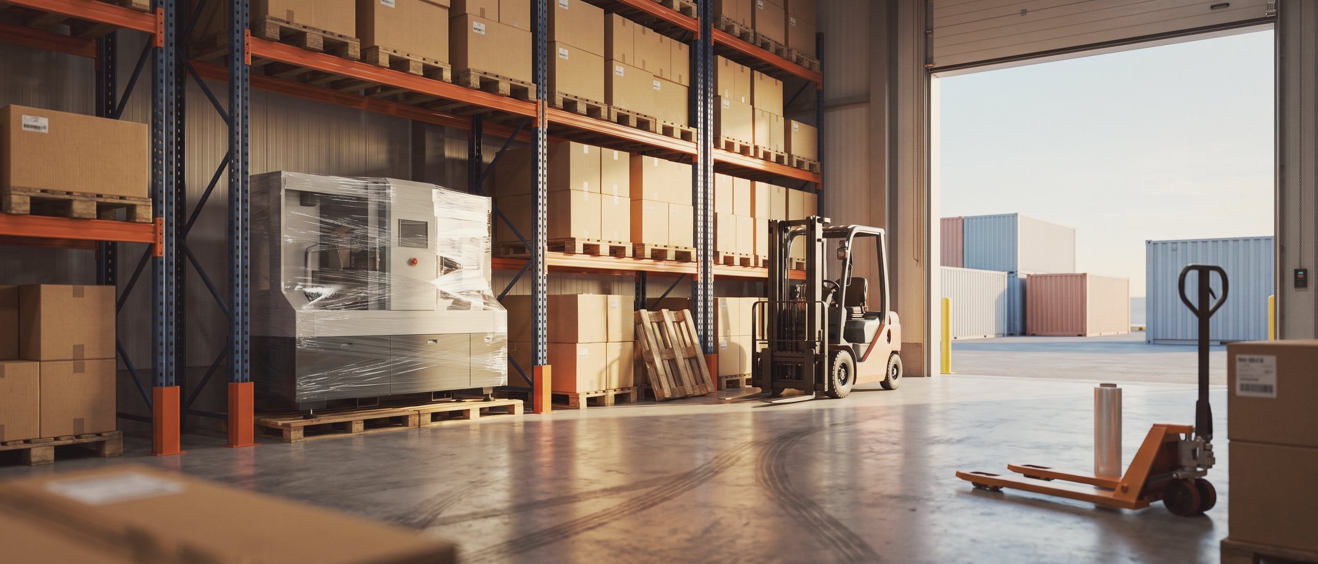A stock lot waits in a port warehouse: pallets of cartons in high racks and a machine wrapped in film, with the quay beyond the door.