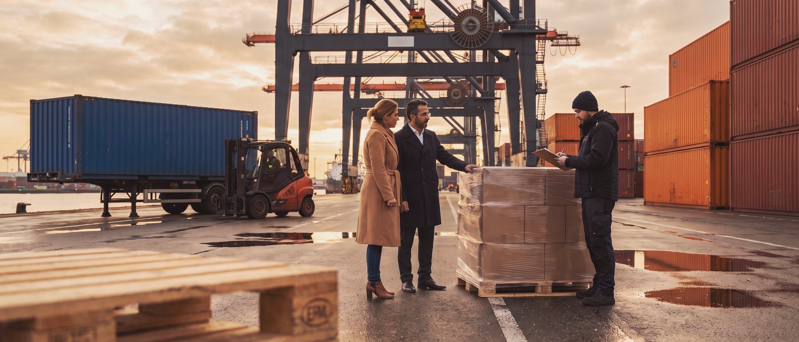 An importer, an exporter and an adviser stand by the first pallet of their order on a container quay at sunset.
