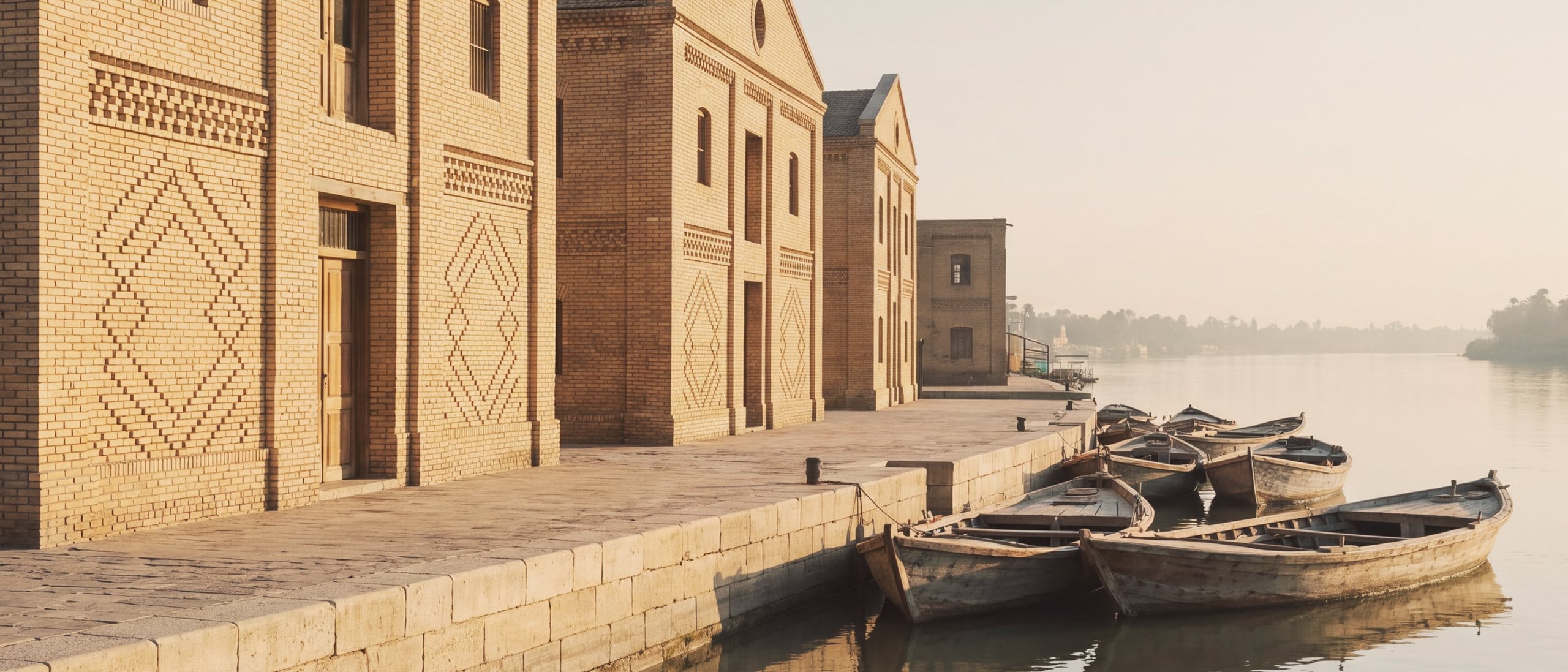 Wooden river boats moored along a quay of yellow brick warehouses beside a wide river lined with date palms.