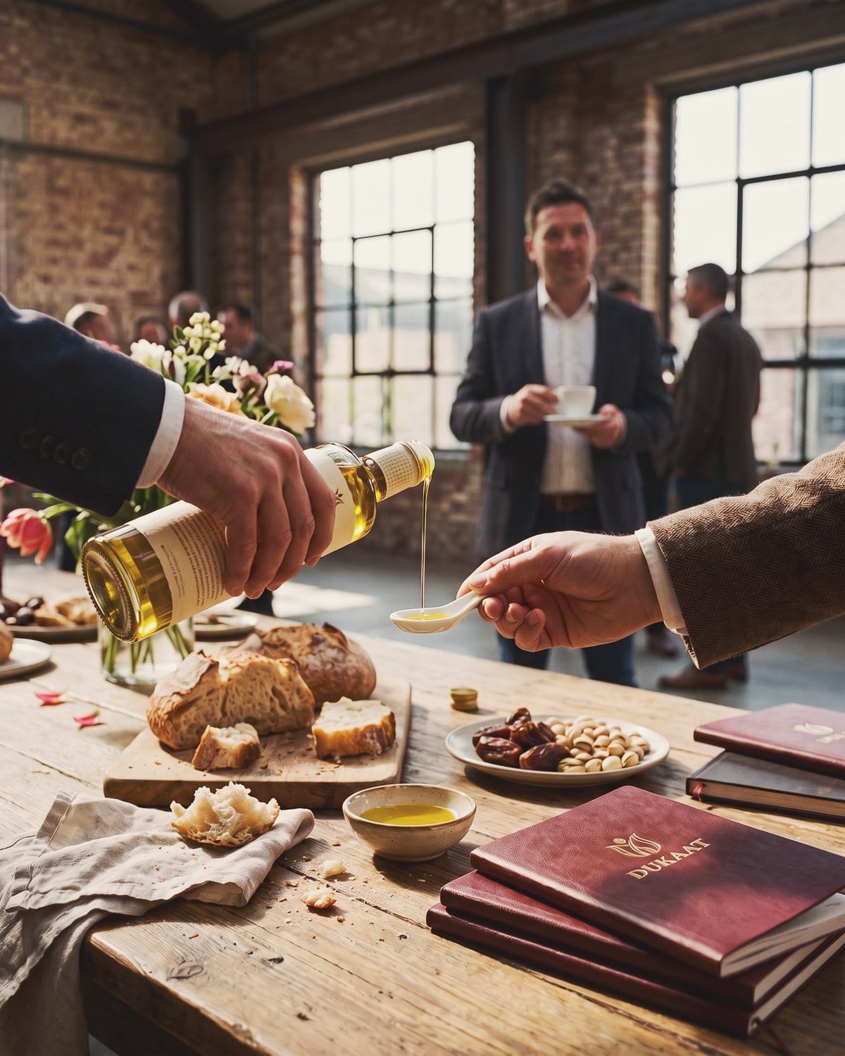 Olive oil is poured onto a porcelain spoon for a buyer to taste.